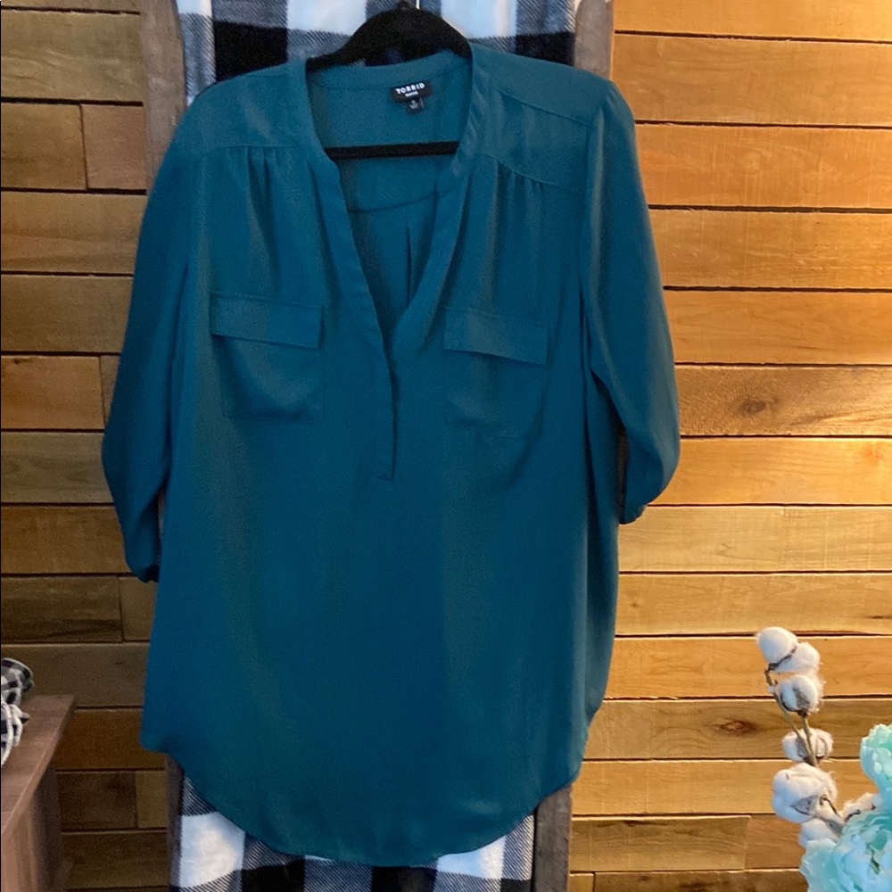 Torrid Relaxed Blue and Pink Blouse with Mandarin Collar